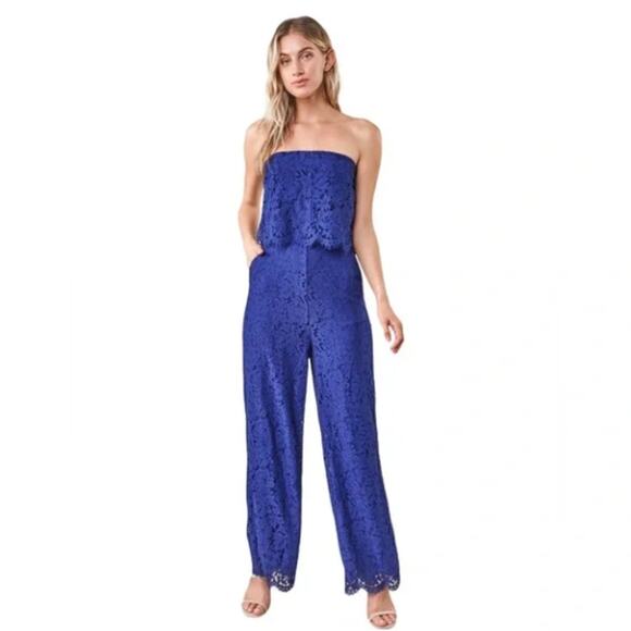 Sugar Lips Blue Lust for Luv Strapless Lace Lined Jumpsuit Pockets Medium NWT - Picture 1 of 10